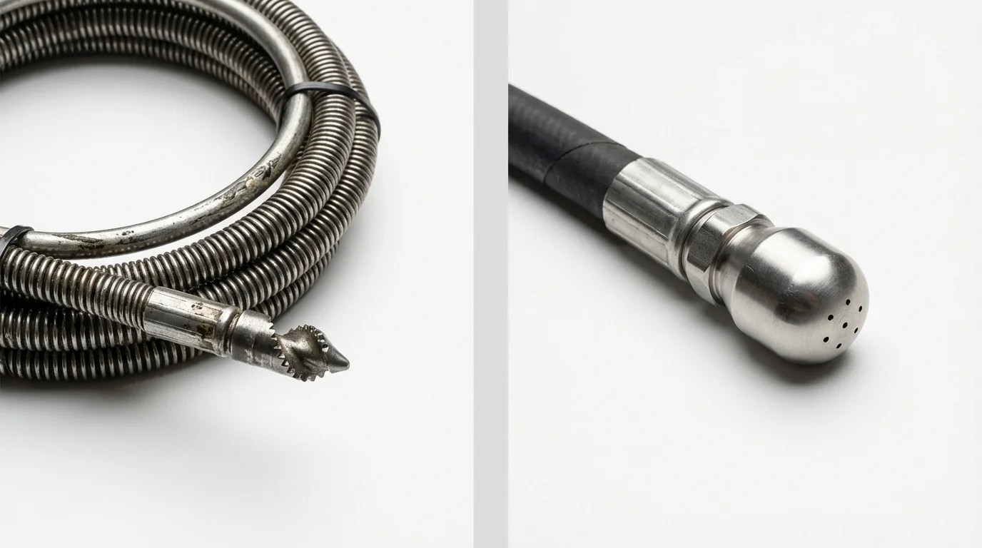 Drain snake cable and hydro jetting nozzle used for drain cleaning in La Villa, TX
