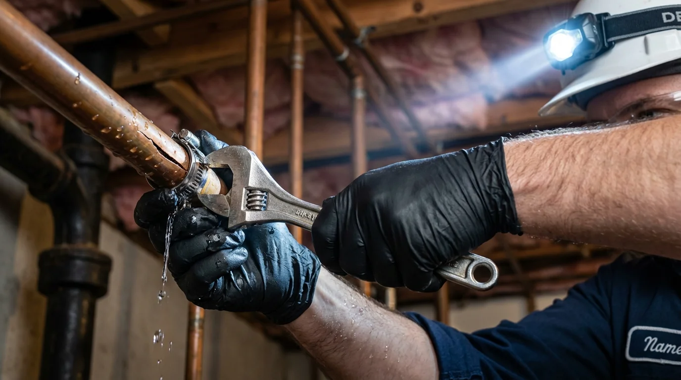 Emergency pipe clamp repair being performed by a Johns Plumbing LLC plumber in La Villa
