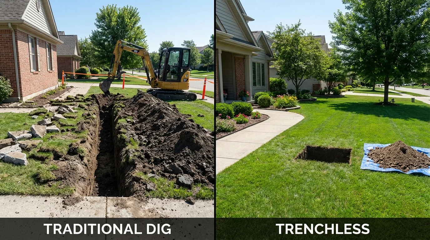 Trenchless sewer repair with minimal yard damage versus traditional excavation in La Villa, TX