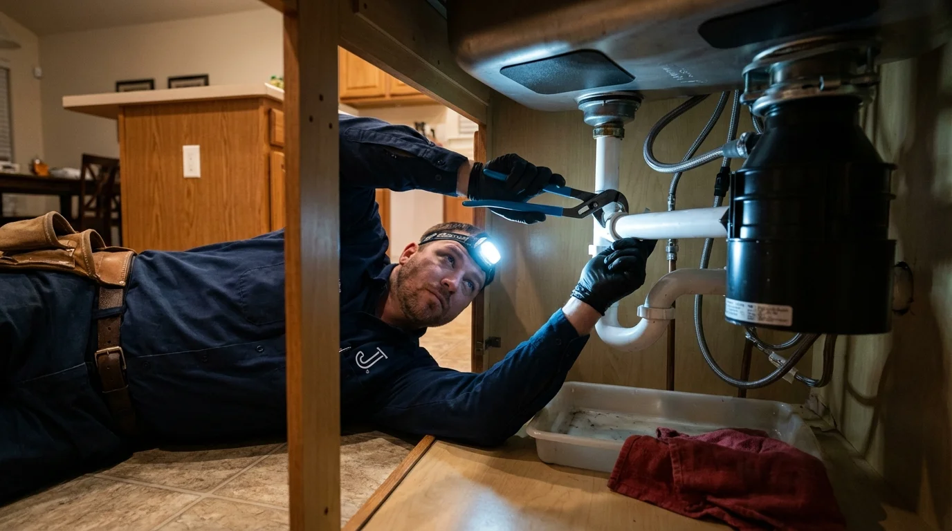 P-trap and supply line connections under a kitchen sink showing a common leak point in La Villa, TX